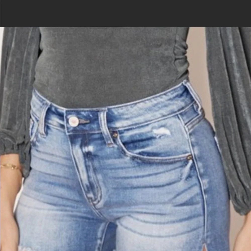 High Waist Rise Medium Wash Distressed Frayed Denim Jeans Shorts XS-L - Picture 2 of 8